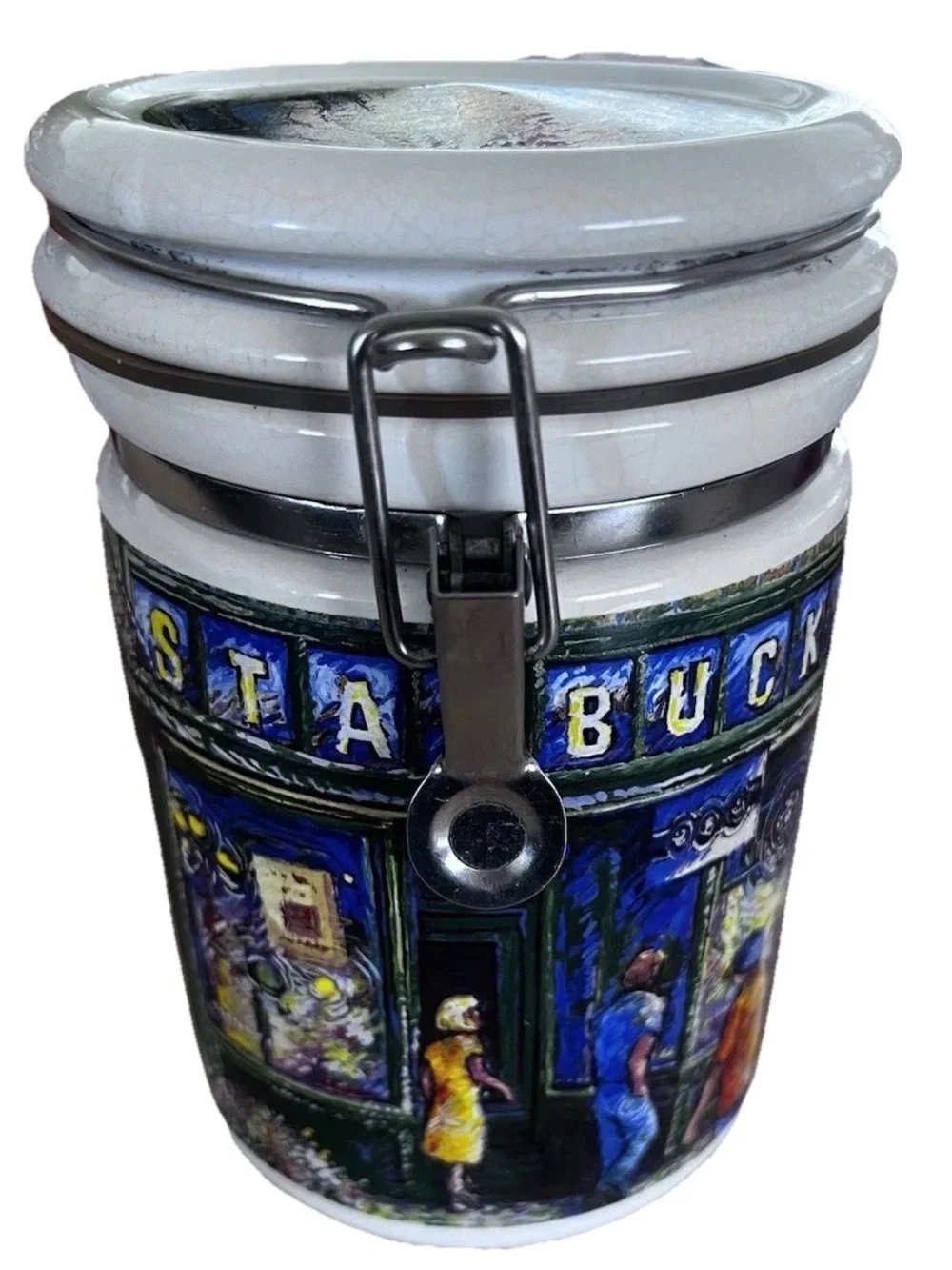 Seattle Pike Place Market Starbucks Ceramic Coffee Canister 5”x8” Colorful EUC